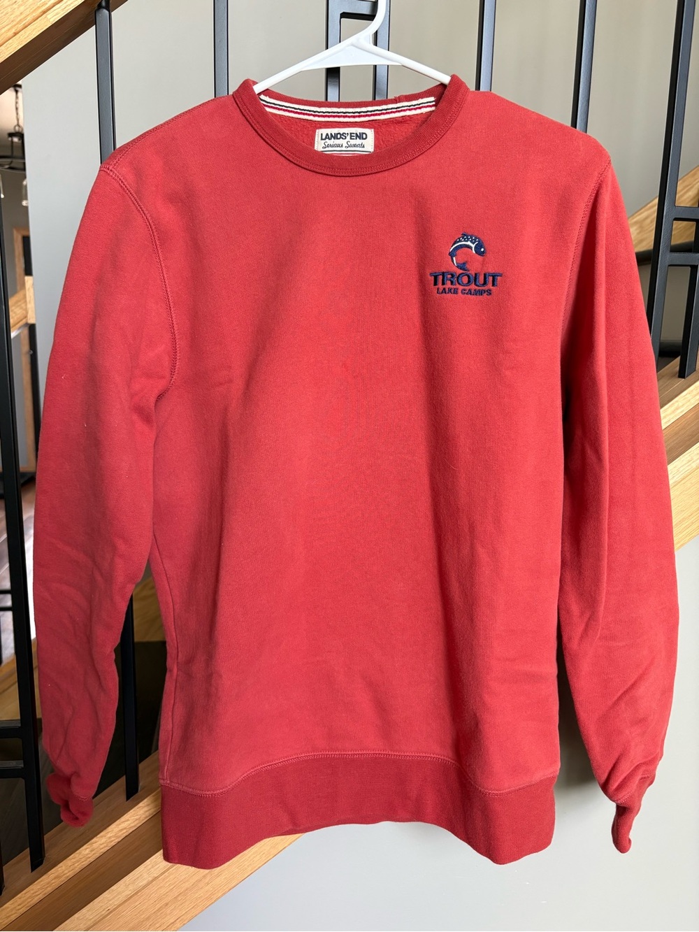 Lands' End Men's Red Crewneck Sweatshirt with Trout Lake Camps Logo